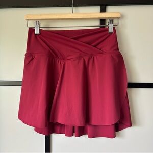 [M] Women's Berry Red Nylon Skort With Flowy Edges & Cross Front Waist Hem